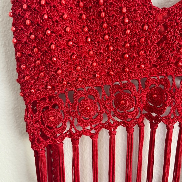 Y2k Red Cropped Halter Beaded Fringe Top - Picture 2 of 3
